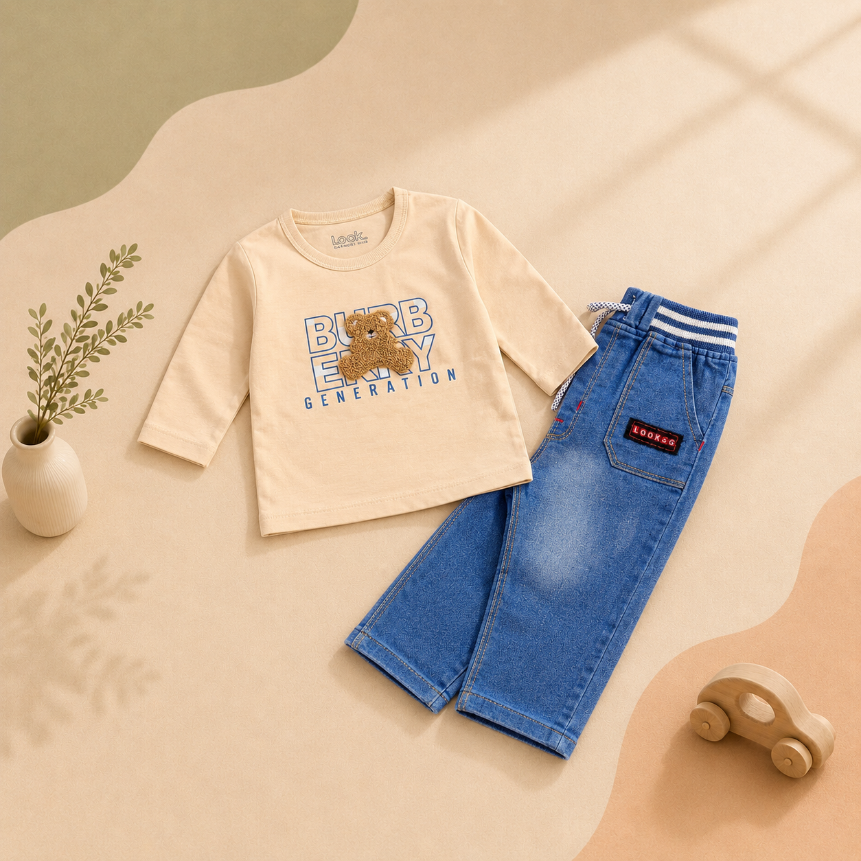 Kids' Bear Printed 2-Piece Set – Cotton Lycra T-Shirt & Denim-Print Trouser