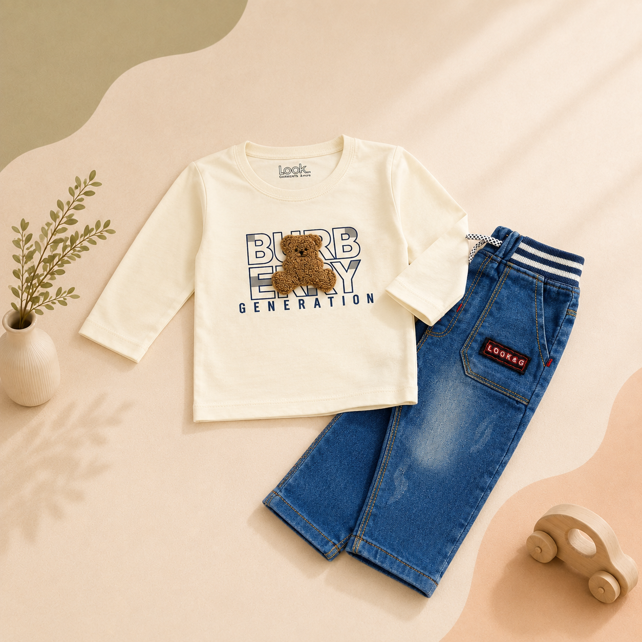 Kids' Bear Printed 2-Piece Set – Cotton Lycra T-Shirt & Denim-Print Trouser