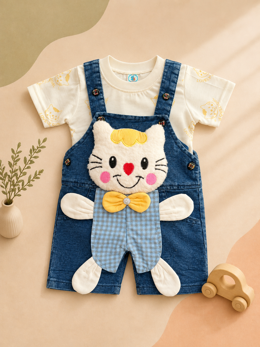 Girls' Cat Design Denim Dungaree Set – Printed T-Shirt & Dungaree