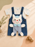 Girls' Cat Design Denim Dungaree Set – Printed T-Shirt & Dungaree