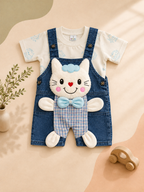 Girls' Cat Design Denim Dungaree Set – Printed T-Shirt & Dungaree