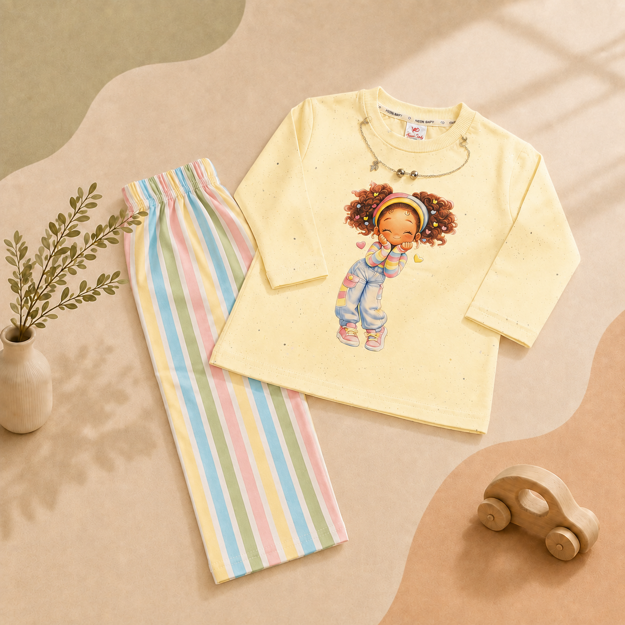 Girls' Printed 2-Piece Set – Imported Yarn Top & Striped Trouser