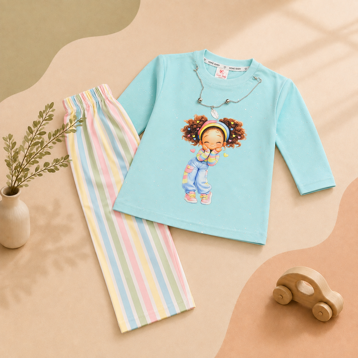 Girls' Printed 2-Piece Set – Imported Yarn Top & Striped Trouser