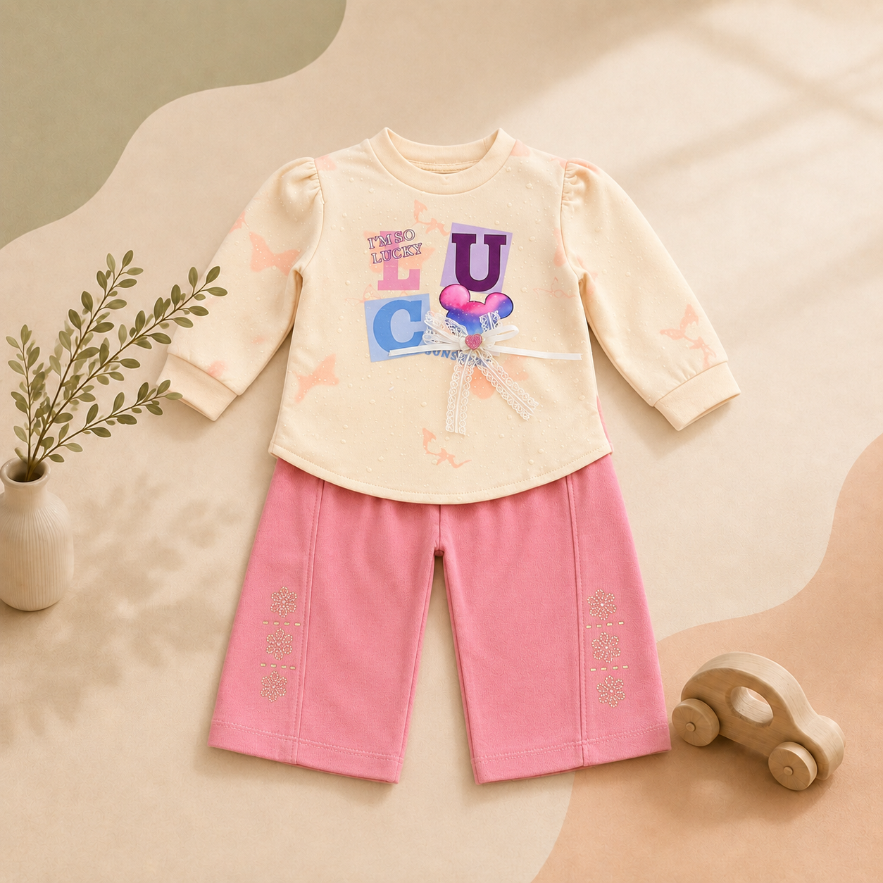 Girls' "LUCKY" Bow 2-Piece Set – Embellished Top & Wide-Leg Trouser