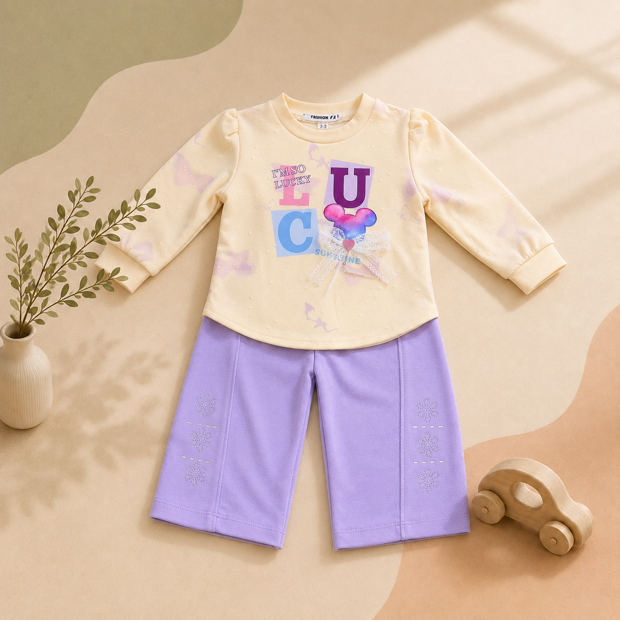 Girls' "LUCKY" Bow 2-Piece Set – Embellished Top & Wide-Leg Trouser