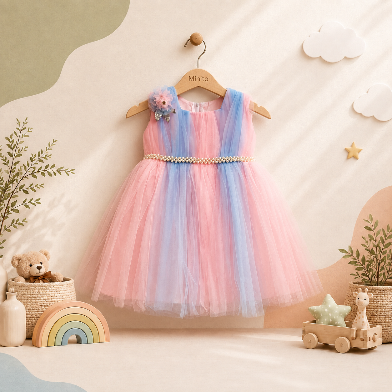 Girls' Pink & Baby Blue Princess Tulle Frock – Pearl Belt & Floral Bow