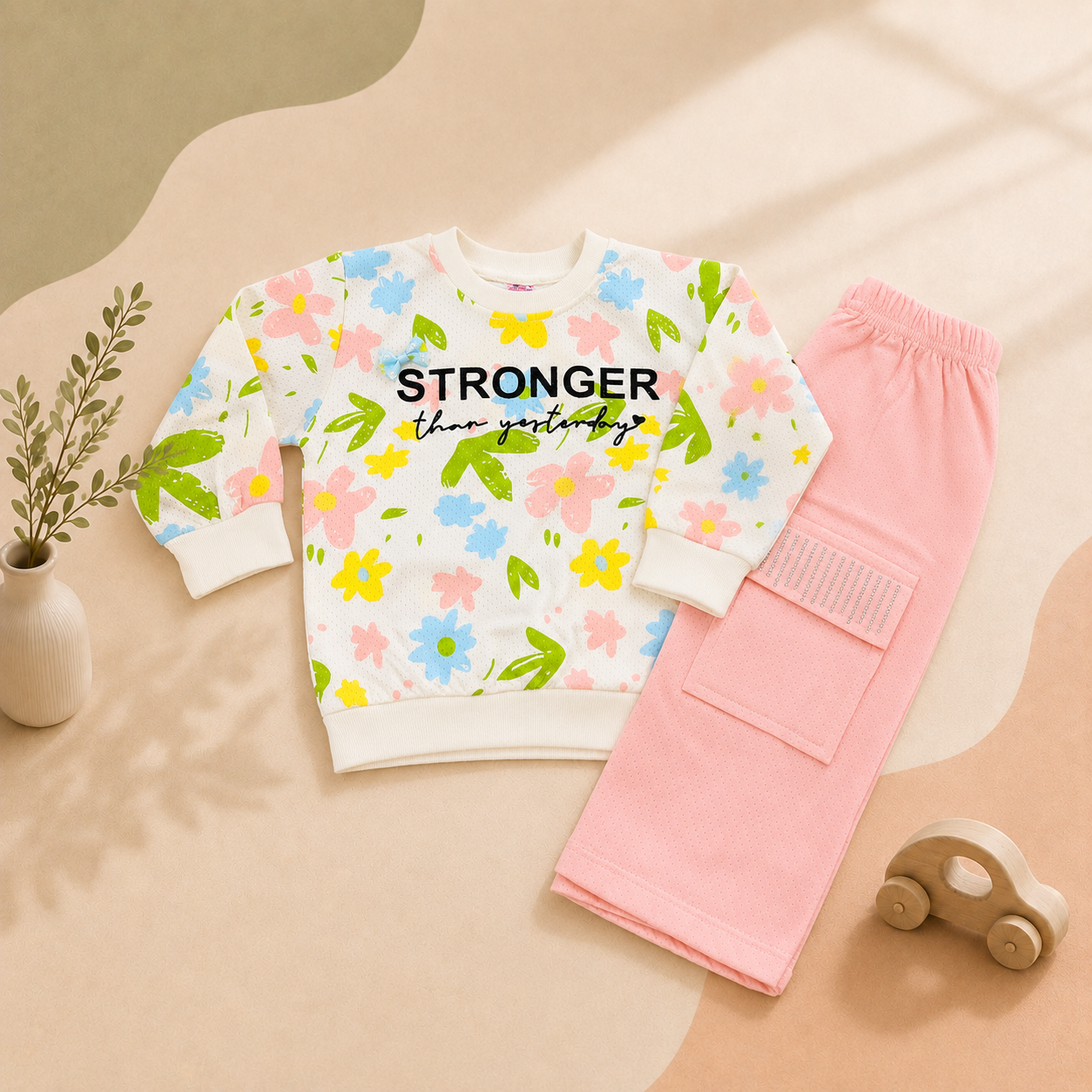 Kids' Floral Printed 2-Piece Set – Yarn Jacquard Sweatshirt & Trouser
