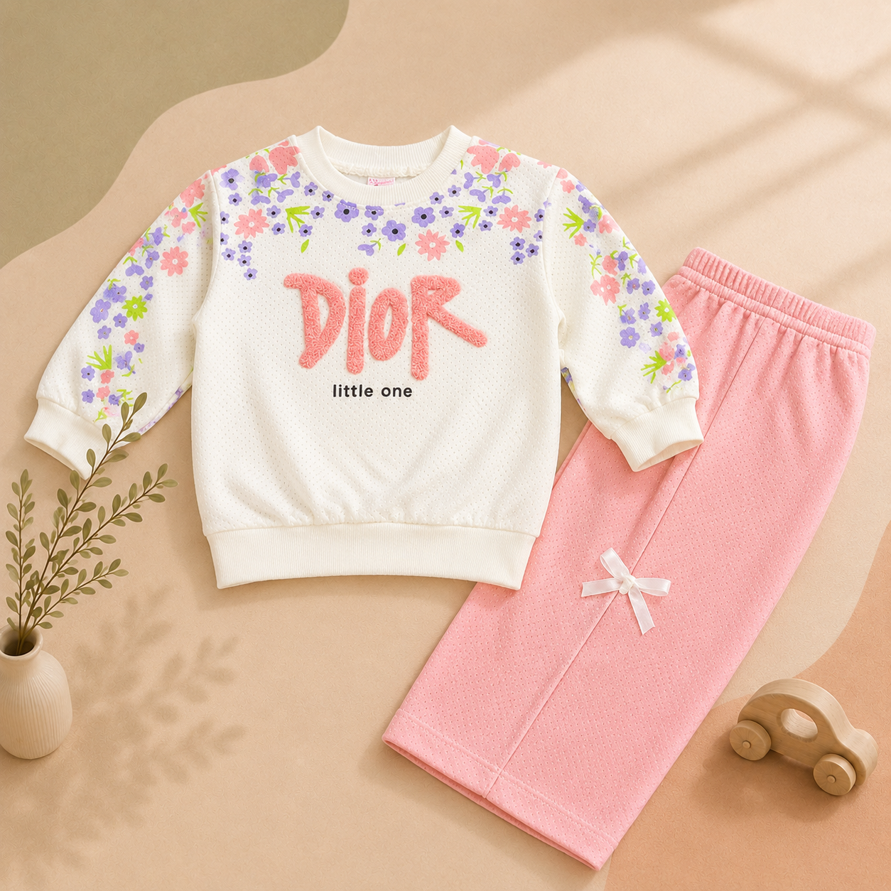 Girls' Floral Printed 2-Piece Set – Yarn Jacquard Sweatshirt & Trouser