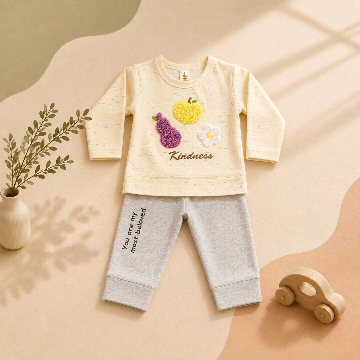 Kids' Fruit & Flower Appliqué 2-Piece Set – Top & Grey Pants