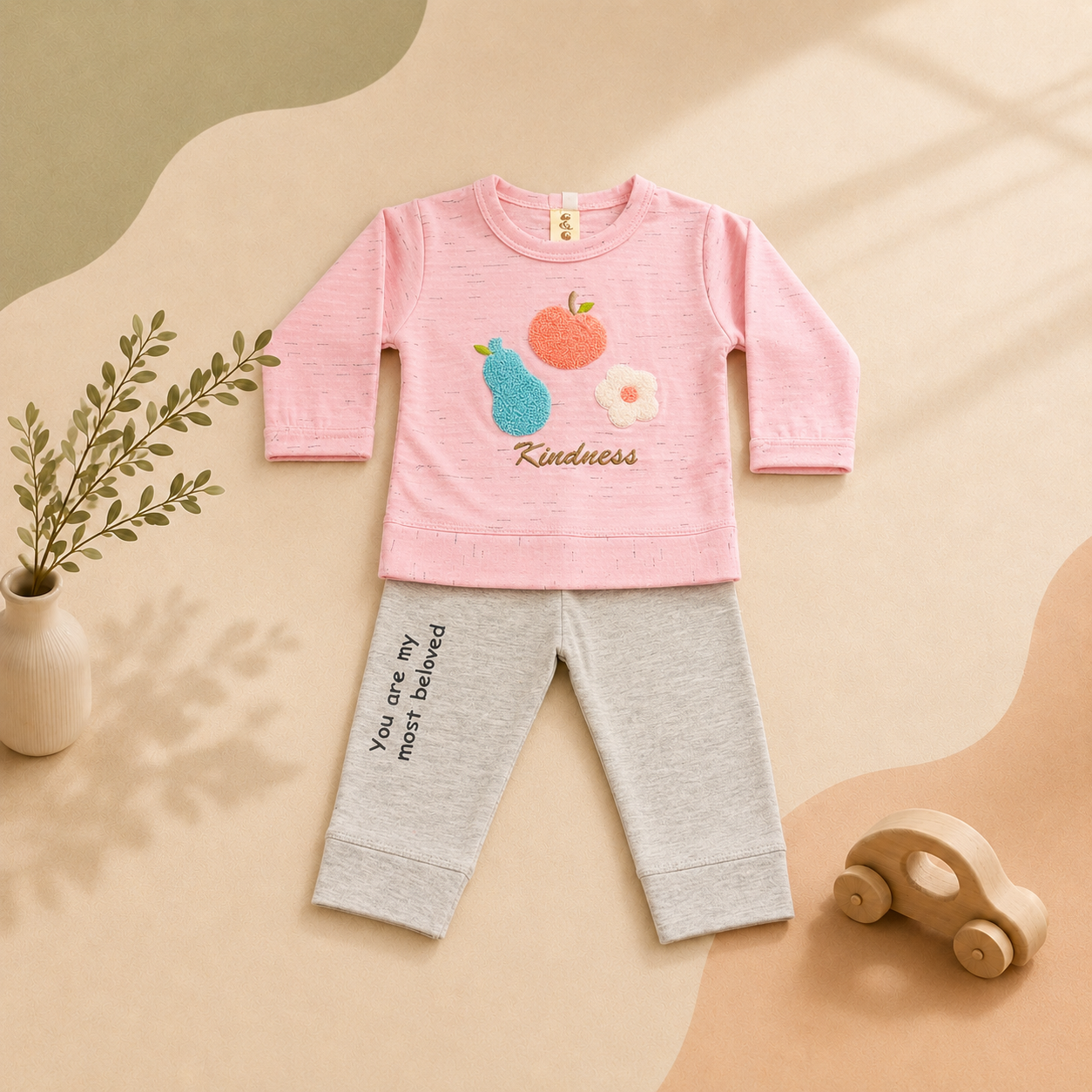 Kids' Fruit & Flower Appliqué 2-Piece Set – Top & Grey Pants
