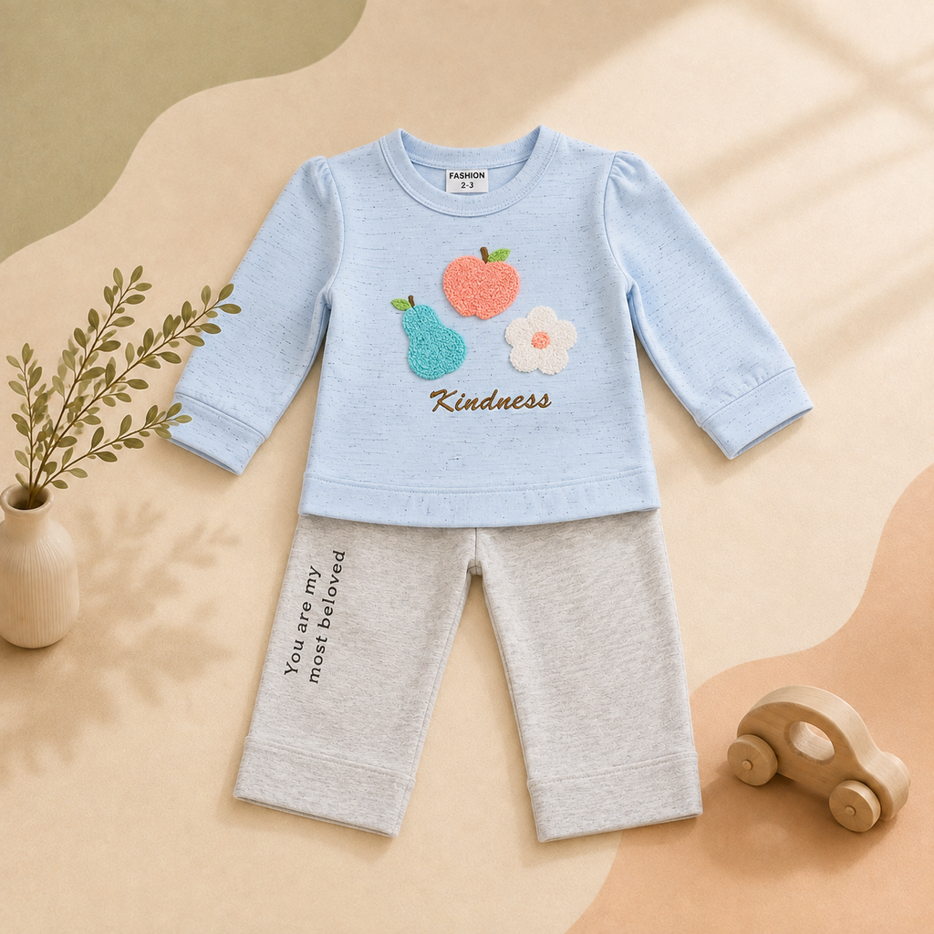 Kids' Fruit & Flower Appliqué 2-Piece Set – Top & Grey Pants