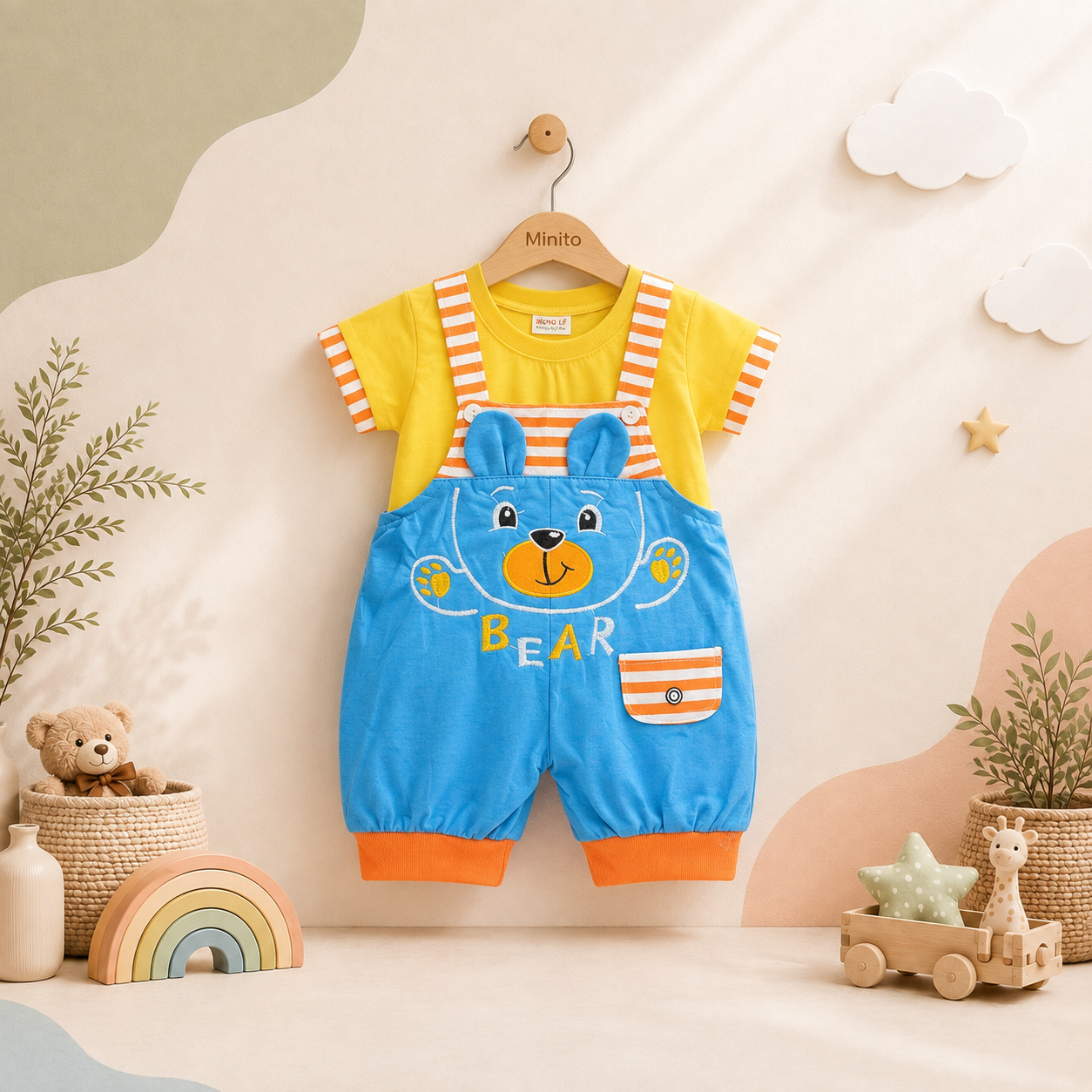 Boys' Bear Design 2-Piece Romper Set – T-Shirt & Embroidered Romper