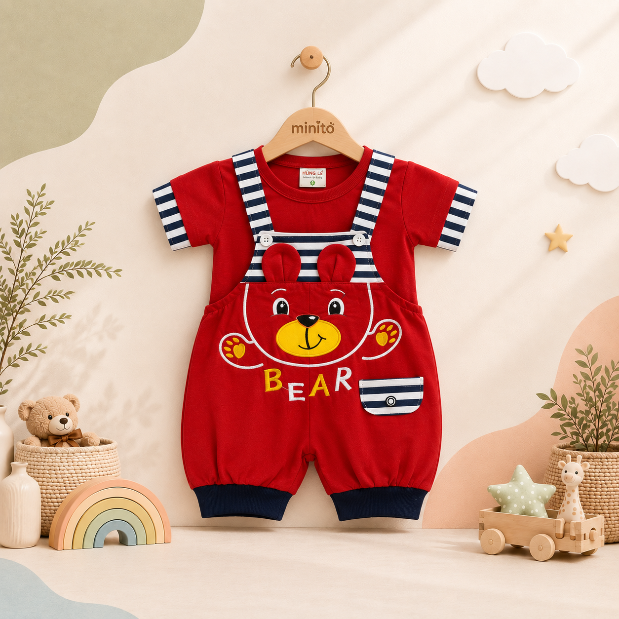 Boys' Bear Design 2-Piece Romper Set – T-Shirt & Embroidered Romper