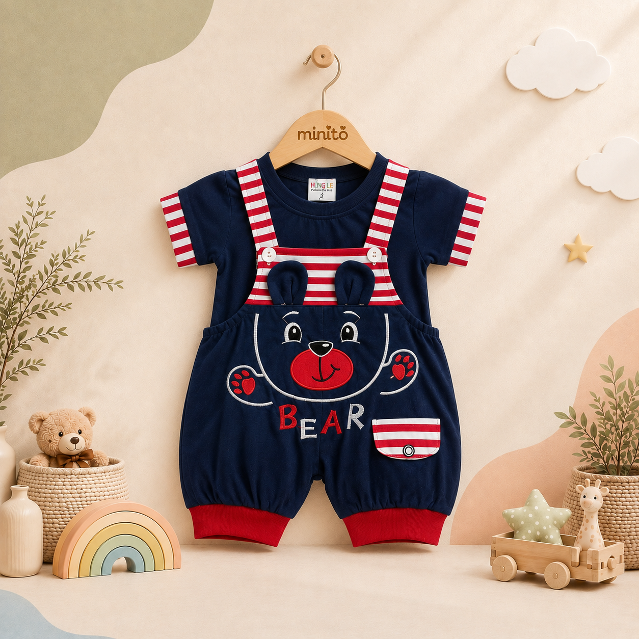 Boys' Bear Design 2-Piece Romper Set – T-Shirt & Embroidered Romper