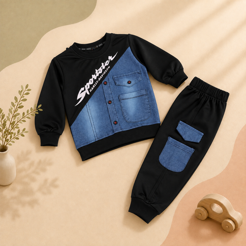 Boys' Denim-Fashion 2-Piece Set – Terry Top & Jogger Trouser